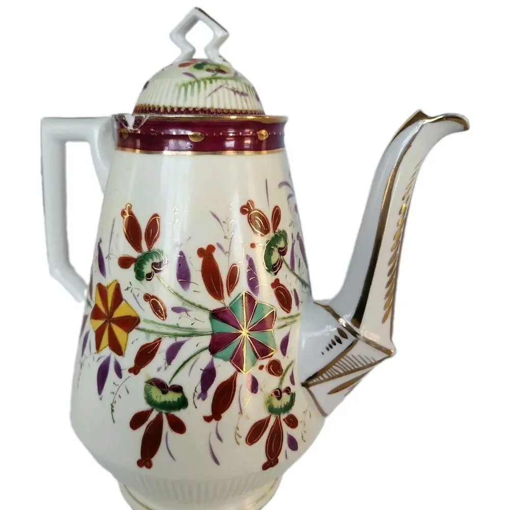 Antique 20s German Handpainted Chocolate Coffee Pot Gilt Floral Art Deco